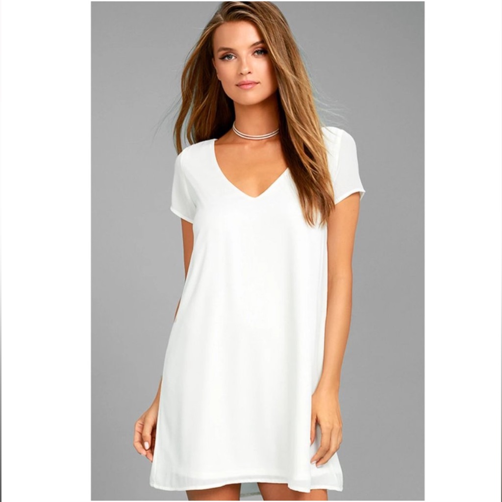 Lulu’s Shirt Dress White V-Neck Mini Dress Shift Xs Minimalist Neutral Summer